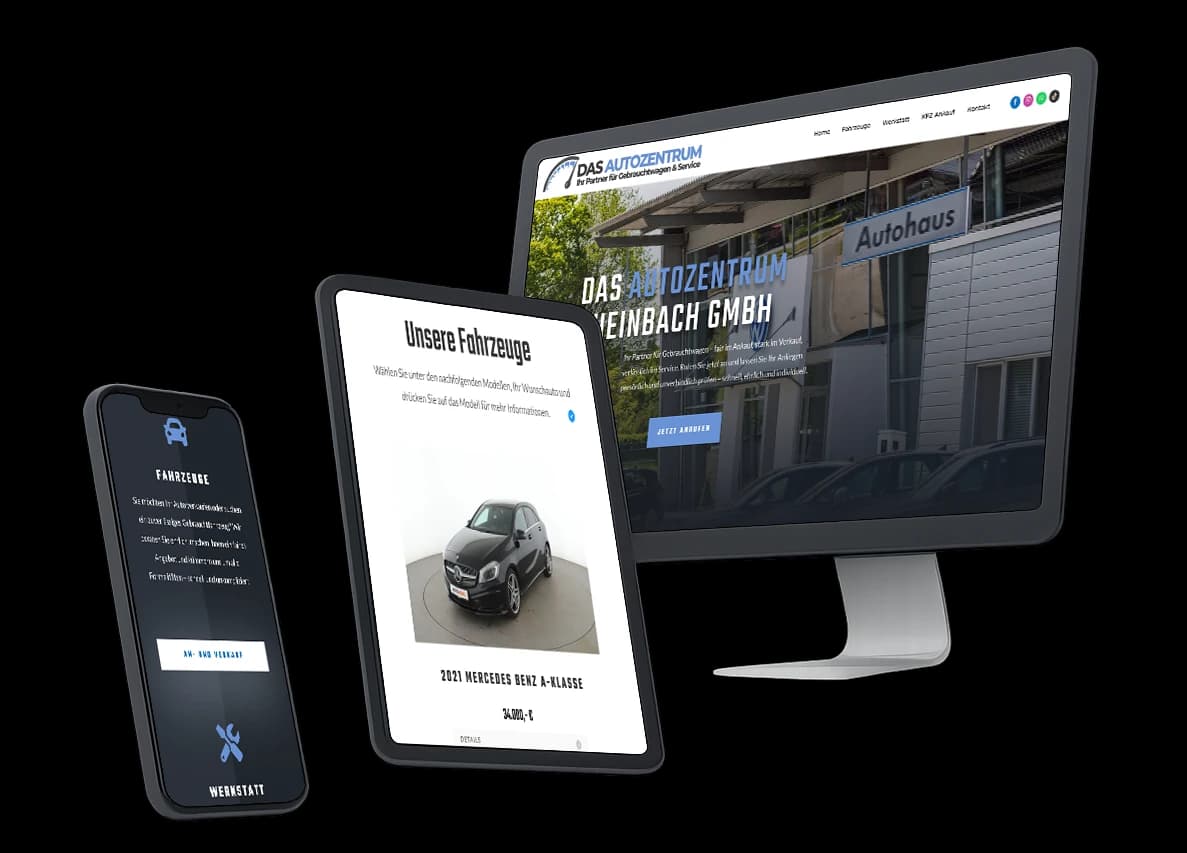 Website des DAS Autozentrums auf Bildschirm, Tablet und Handy