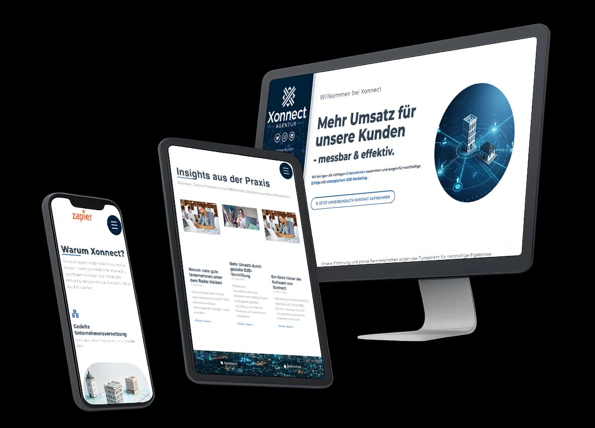 Website der Xonnect Agentur auf Bildschirm, Tablet und Handy