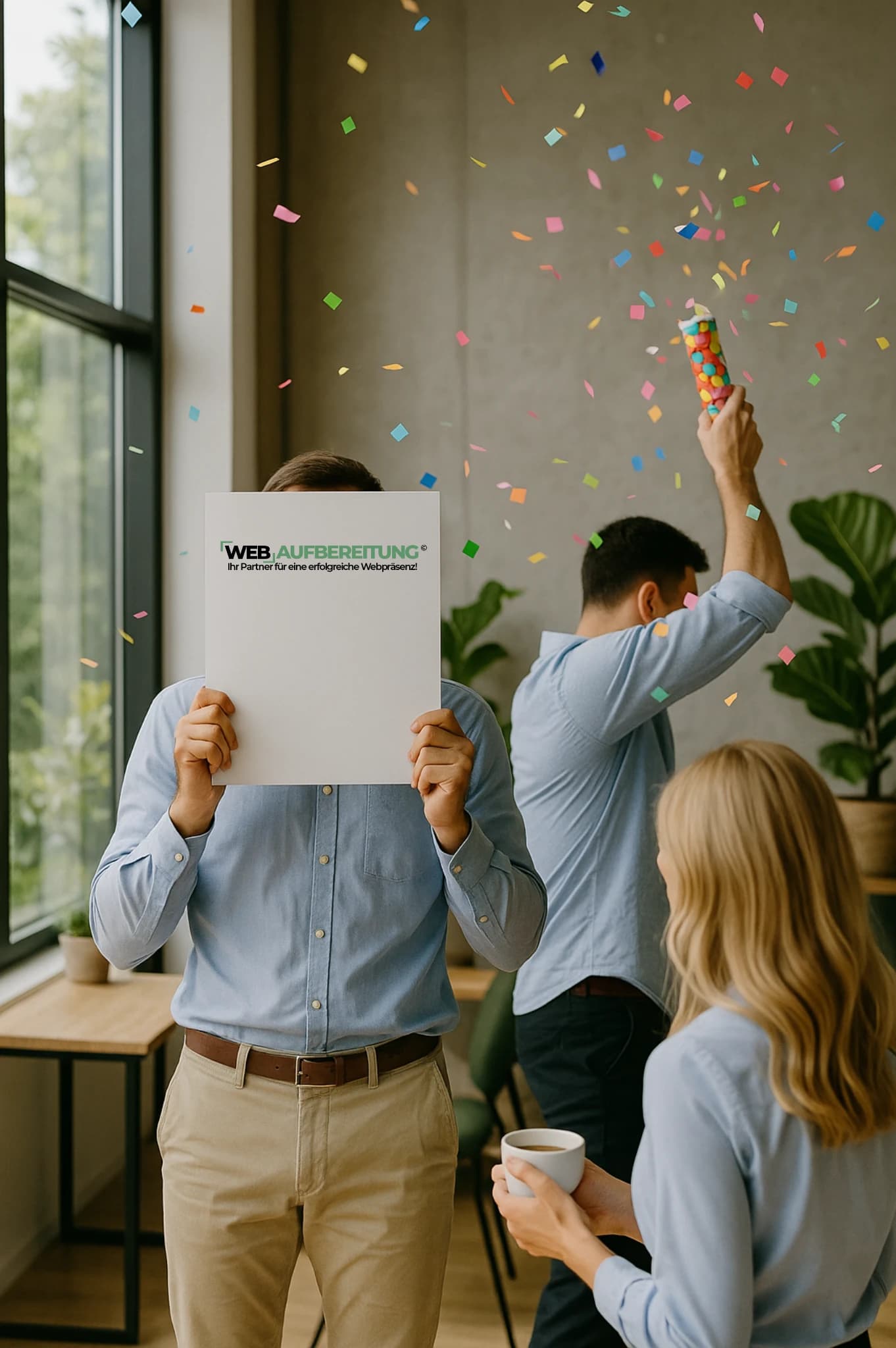 Team von Web-Aufbereitung feiert mit Konfetti im Büro